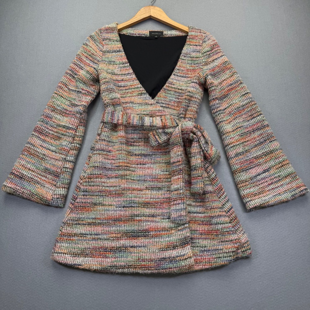 Revolve Majorelle XS Multicolor Metallic Lurex Wrap Mini Dress Long‎ Bell Sleeve